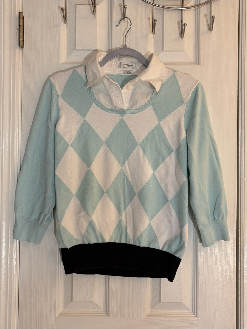 VTG Y2K Van Heusen Argyle Layered Sweater Polo Combo Blue White Sz Medium.